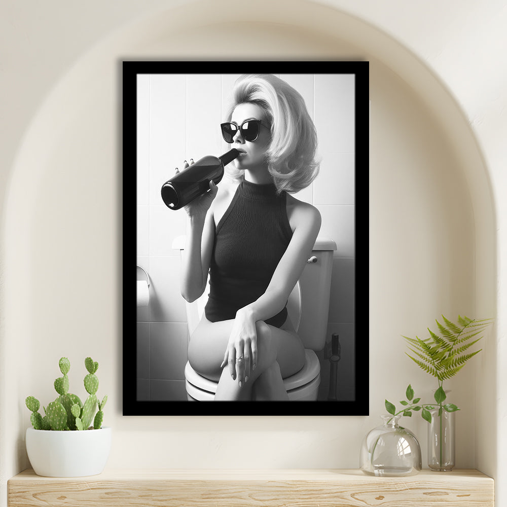 Woman On Toilet Drinking Wine Framed Art Print Wall Decor, Black and White, Bathroom Print, Retro Fashion Wall Decor