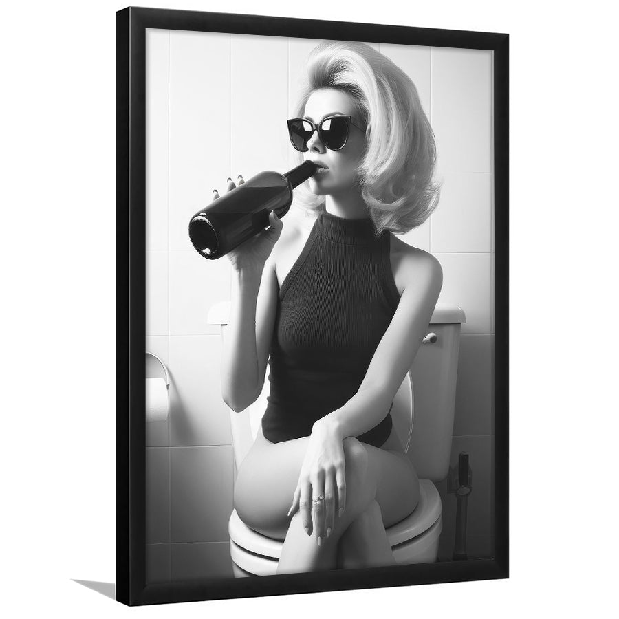 Woman On Toilet Drinking Wine Framed Art Print Wall Decor, Black and White, Bathroom Print, Retro Fashion Wall Decor