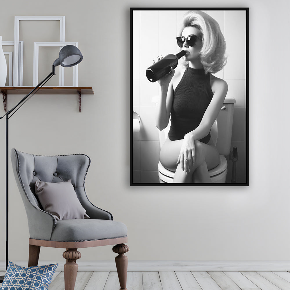 Woman On Toilet Drinking Wine Framed Canvas Print Wall Art, Black and White, Bathroom Print, Retro Fashion Wall Decor