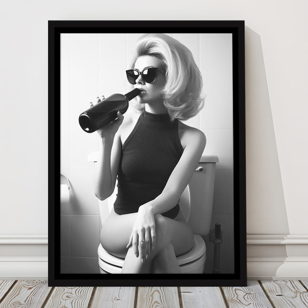 Woman On Toilet Drinking Wine Framed Canvas Print Wall Art, Black and White, Bathroom Print, Retro Fashion Wall Decor