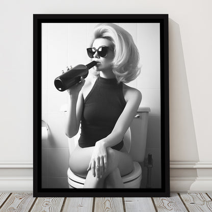 Woman On Toilet Drinking Wine Framed Canvas Print Wall Art, Black and White, Bathroom Print, Retro Fashion Wall Decor