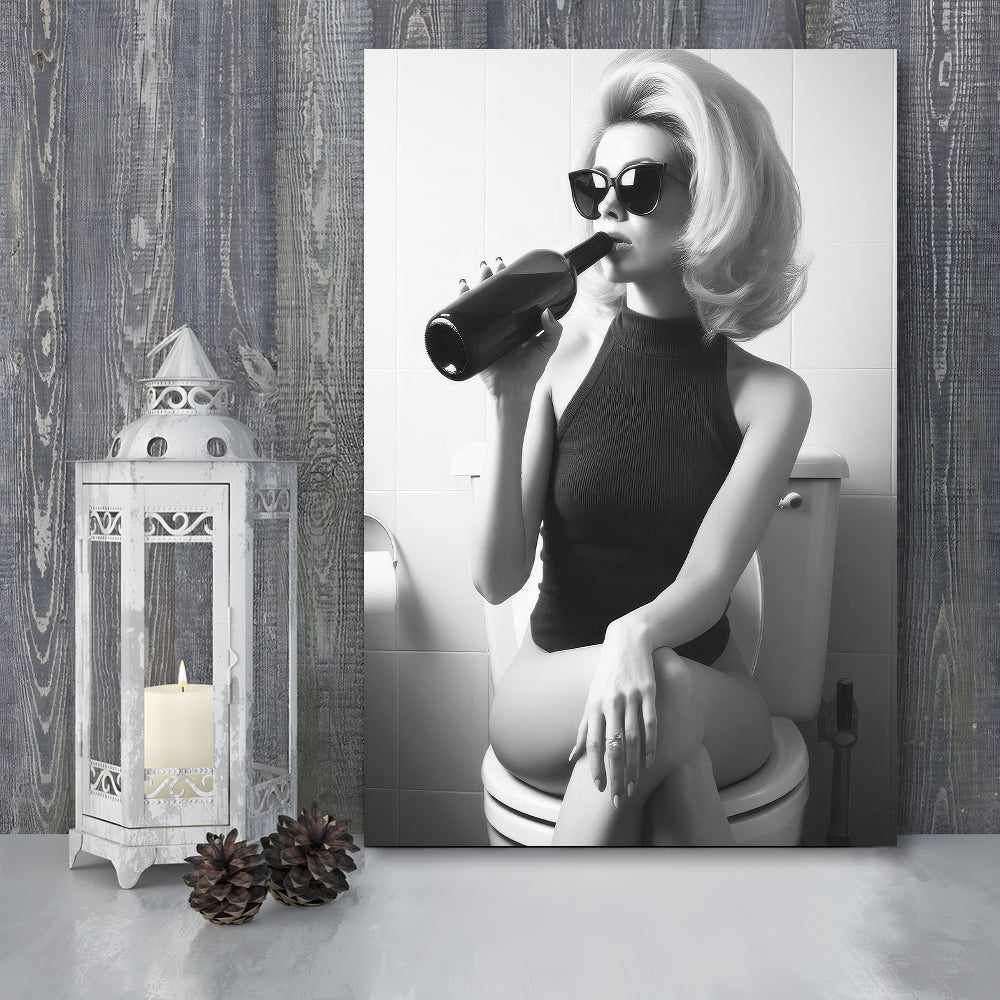 Woman On Toilet Drinking Wine Canvas Print Wall Art, Black and White, Bathroom Print, Retro Fashion Wall Decor