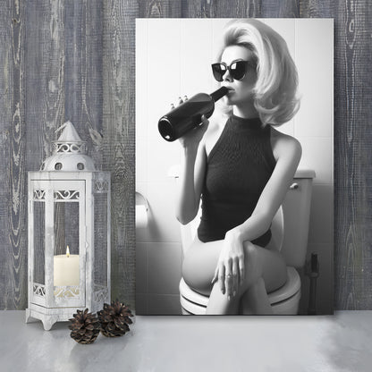 Woman On Toilet Drinking Wine Canvas Print Wall Art, Black and White, Bathroom Print, Retro Fashion Wall Decor