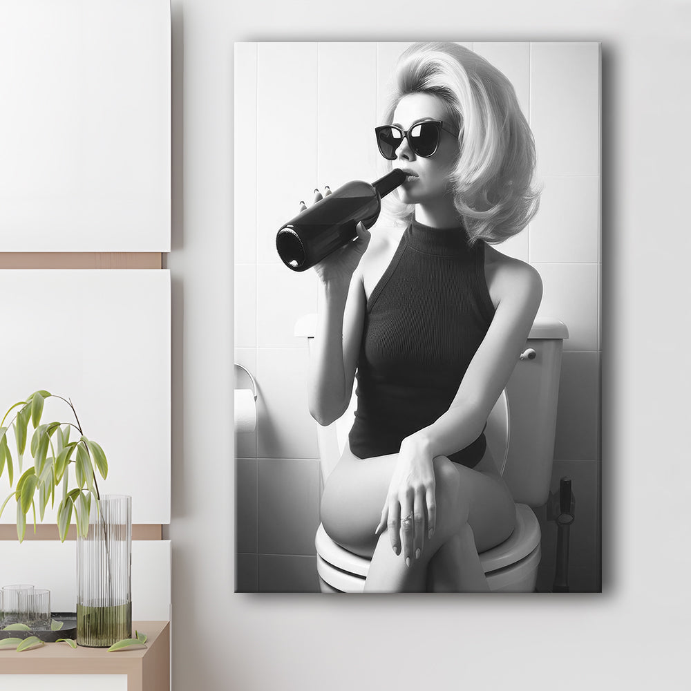 Woman On Toilet Drinking Wine Canvas Print Wall Art, Black and White, Bathroom Print, Retro Fashion Wall Decor