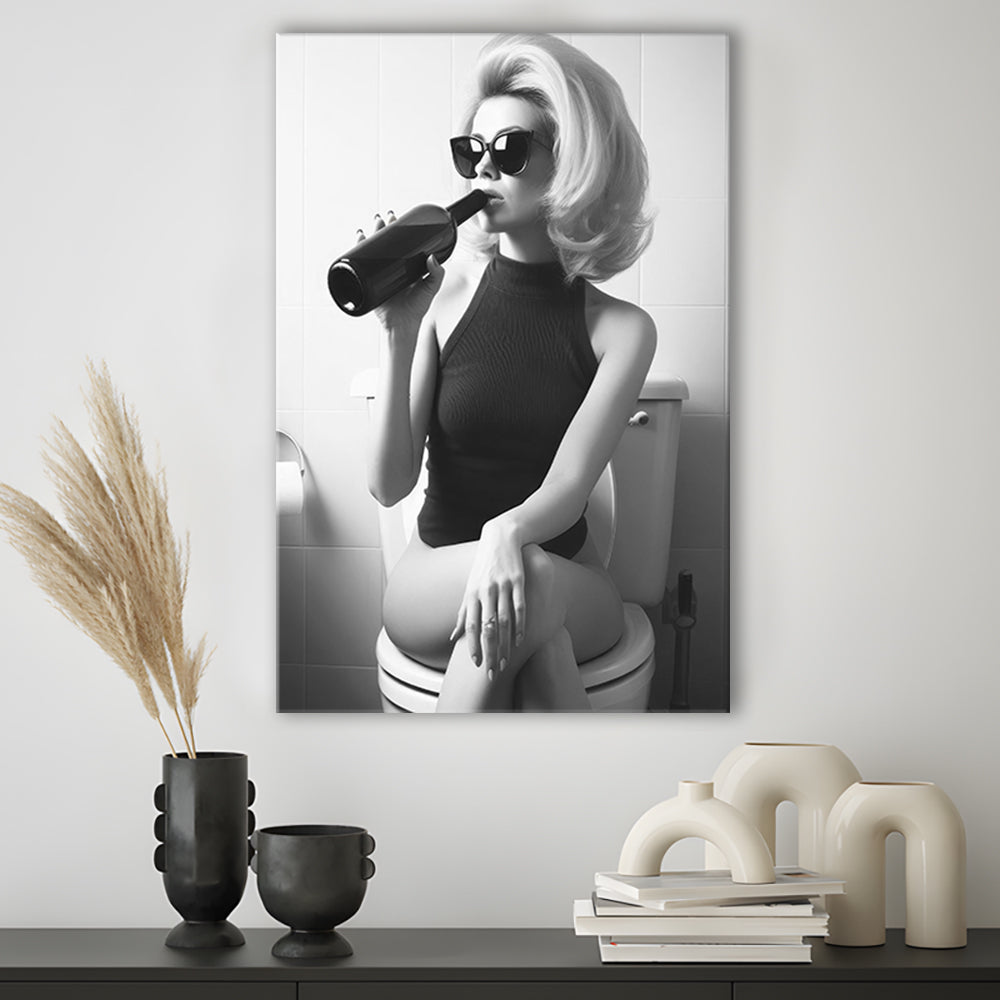 Woman On Toilet Drinking Wine Canvas Print Wall Art, Black and White, Bathroom Print, Retro Fashion Wall Decor
