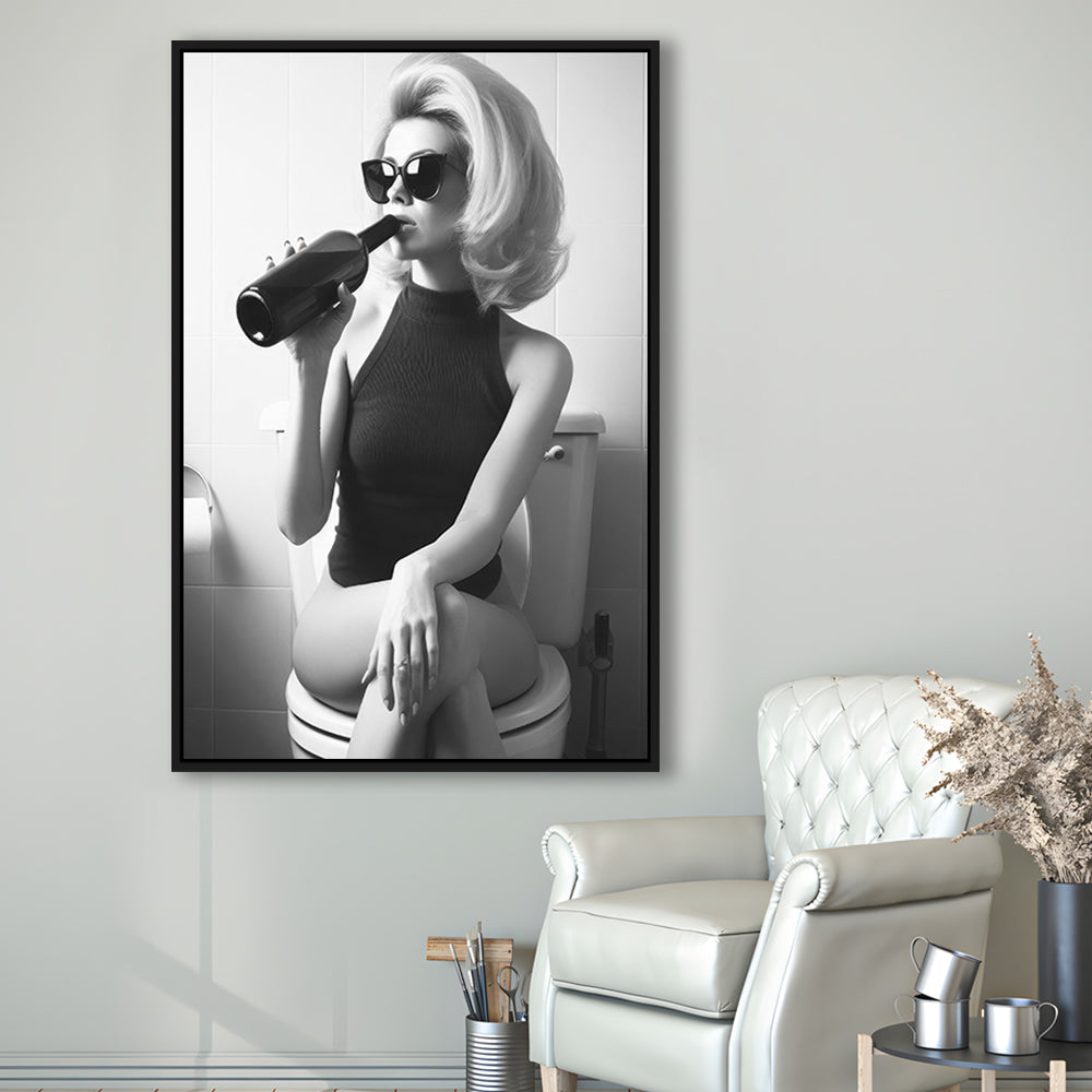 Woman On Toilet Drinking Wine Framed Canvas Print Wall Art, Black and White, Bathroom Print, Retro Fashion Wall Decor