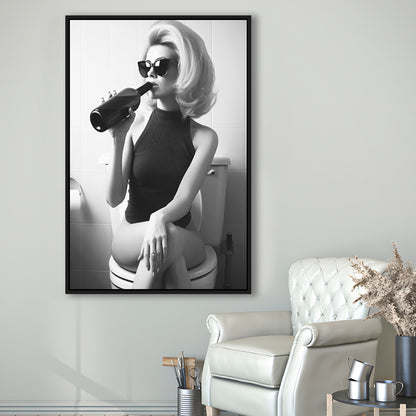 Woman On Toilet Drinking Wine Framed Canvas Print Wall Art, Black and White, Bathroom Print, Retro Fashion Wall Decor