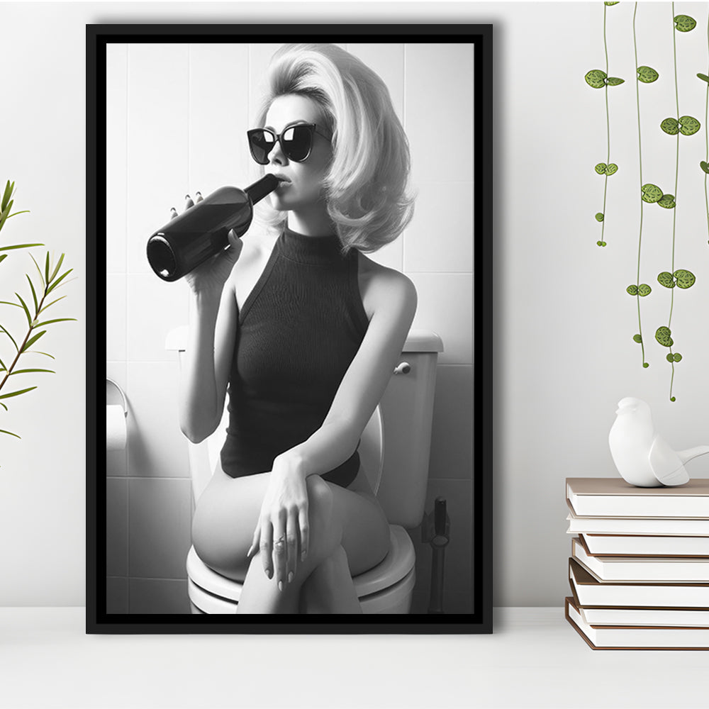 Woman On Toilet Drinking Wine Framed Canvas Print Wall Art, Black and White, Bathroom Print, Retro Fashion Wall Decor