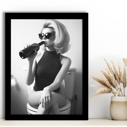 Woman On Toilet Drinking Wine Framed Art Print Wall Decor, Black and White, Bathroom Print, Retro Fashion Wall Decor