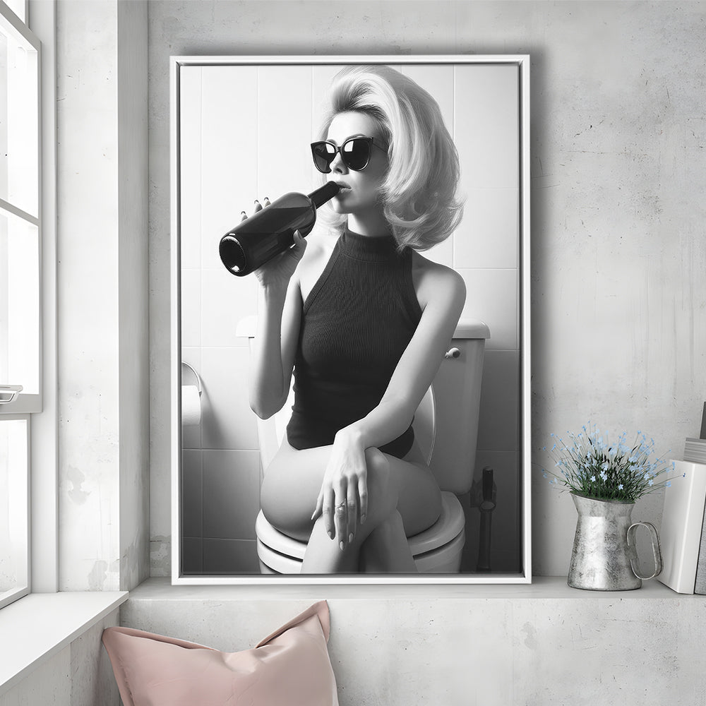Woman On Toilet Drinking Wine Framed Canvas Print Wall Art, Black and White, Bathroom Print, Retro Fashion Wall Decor