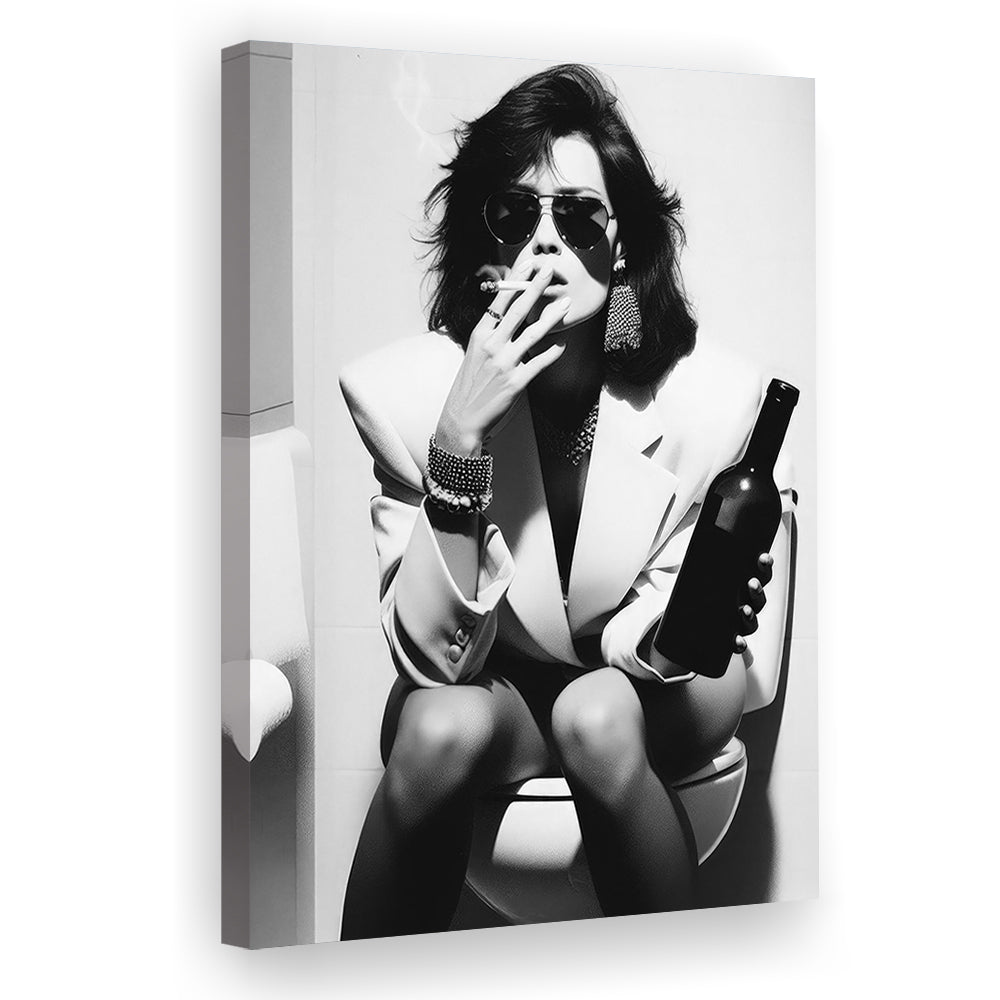 Woman On Toilet Smoking and Drinking Beer Canvas Print Wall Art, Black and White, Funny Bathroom Art