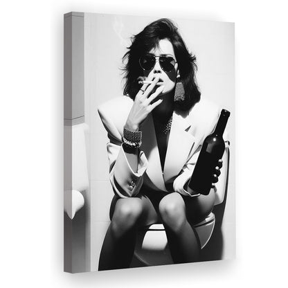 Woman On Toilet Smoking and Drinking Beer Canvas Print Wall Art, Black and White, Funny Bathroom Art