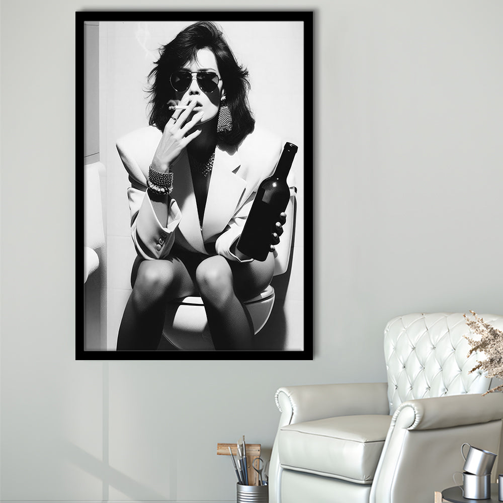 Woman On Toilet Smoking and Drinking Beer Framed Art Print Wall Decor, Black and White, Funny Bathroom Art