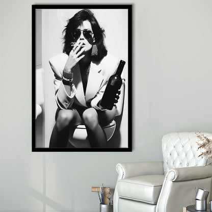 Woman On Toilet Smoking and Drinking Beer Framed Art Print Wall Decor, Black and White, Funny Bathroom Art