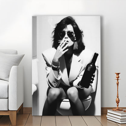 Woman On Toilet Smoking and Drinking Beer Canvas Print Wall Art, Black and White, Funny Bathroom Art