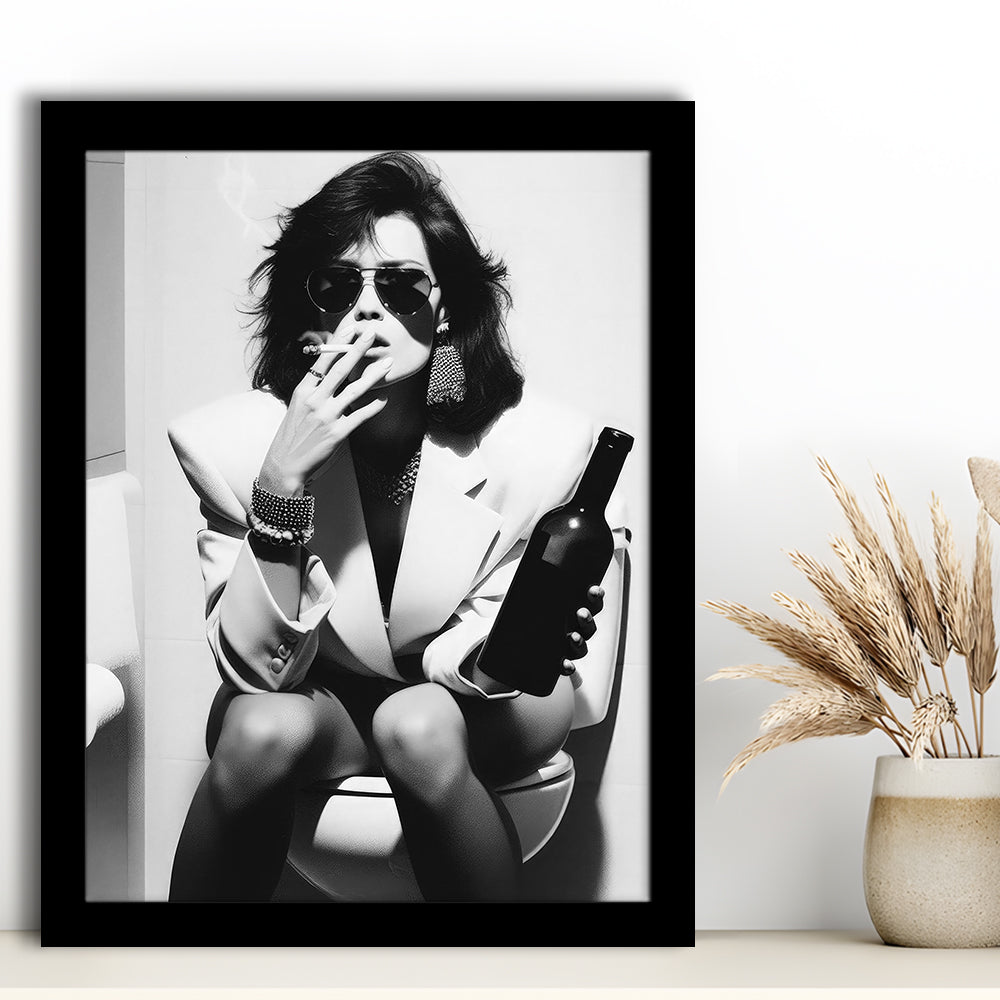 Woman On Toilet Smoking and Drinking Beer Framed Art Print Wall Decor, Black and White, Funny Bathroom Art
