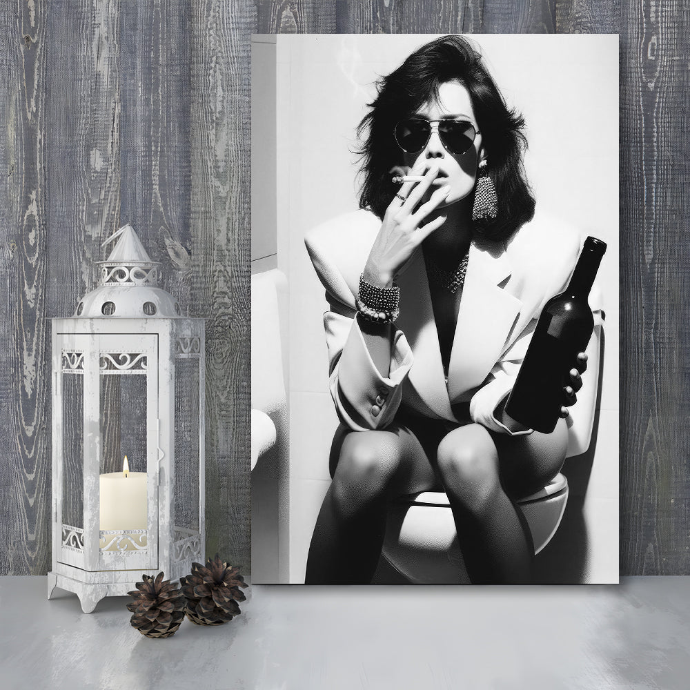 Woman On Toilet Smoking and Drinking Beer Canvas Print Wall Art, Black and White, Funny Bathroom Art