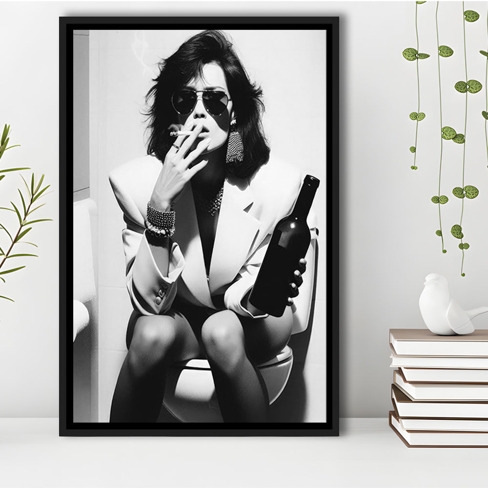 Woman On Toilet Smoking and Drinking Beer Framed Canvas Print Wall Art, Black and White, Funny Bathroom Art