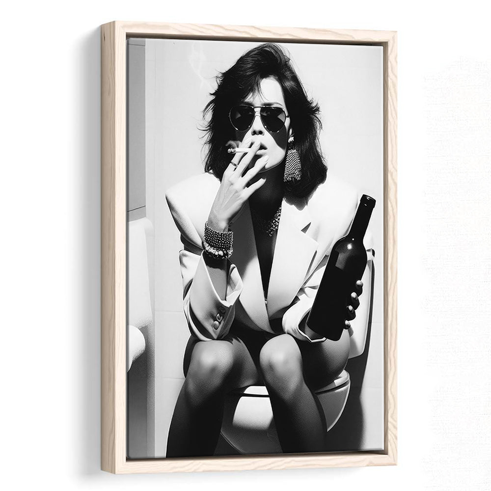 Woman On Toilet Smoking and Drinking Beer Framed Canvas Print Wall Art, Black and White, Funny Bathroom Art
