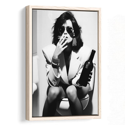 Woman On Toilet Smoking and Drinking Beer Framed Canvas Print Wall Art, Black and White, Funny Bathroom Art