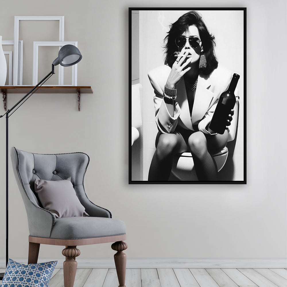 Woman On Toilet Smoking and Drinking Beer Framed Canvas Print Wall Art, Black and White, Funny Bathroom Art