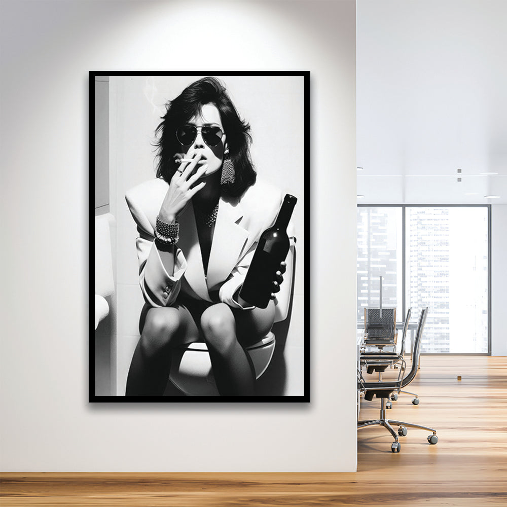 Woman On Toilet Smoking and Drinking Beer Framed Art Print Wall Decor, Black and White, Funny Bathroom Art