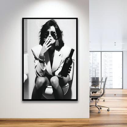 Woman On Toilet Smoking and Drinking Beer Framed Art Print Wall Decor, Black and White, Funny Bathroom Art