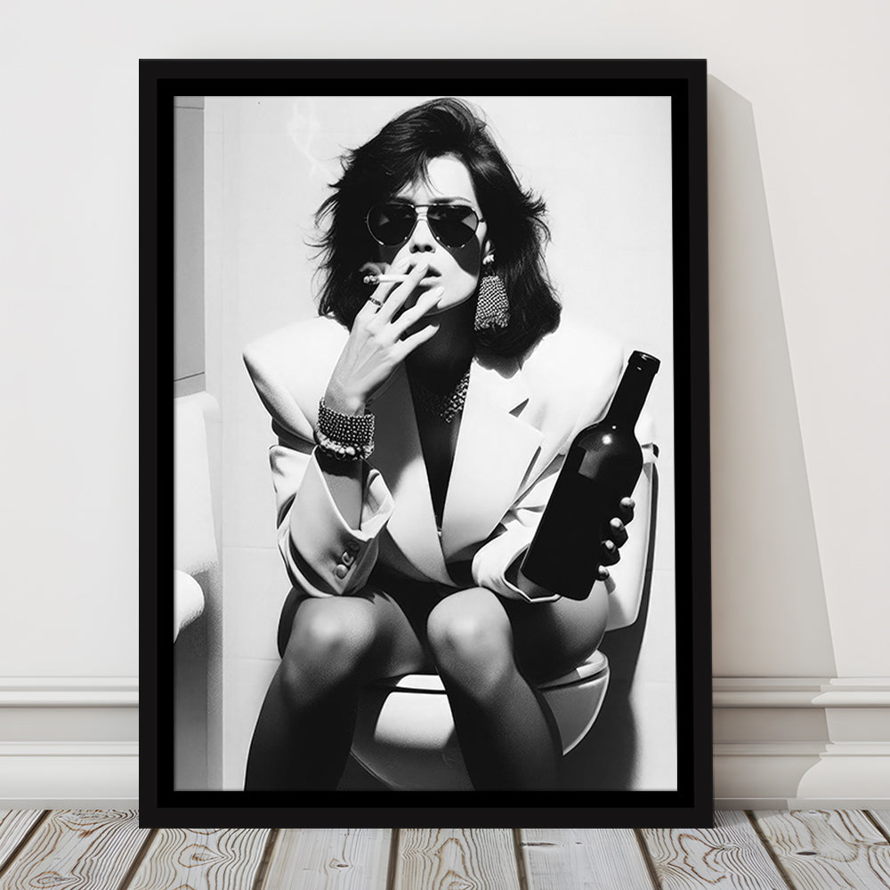 Woman On Toilet Smoking and Drinking Beer Framed Canvas Print Wall Art, Black and White, Funny Bathroom Art