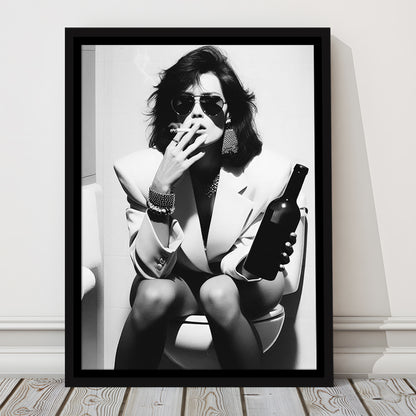 Woman On Toilet Smoking and Drinking Beer Framed Canvas Print Wall Art, Black and White, Funny Bathroom Art