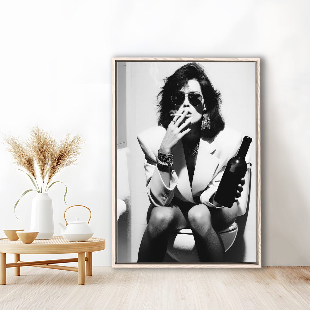Woman On Toilet Smoking and Drinking Beer Framed Canvas Print Wall Art, Black and White, Funny Bathroom Art