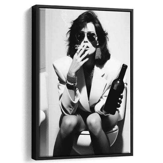 Woman On Toilet Smoking and Drinking Beer Framed Canvas Print Wall Art, Black and White, Funny Bathroom Art