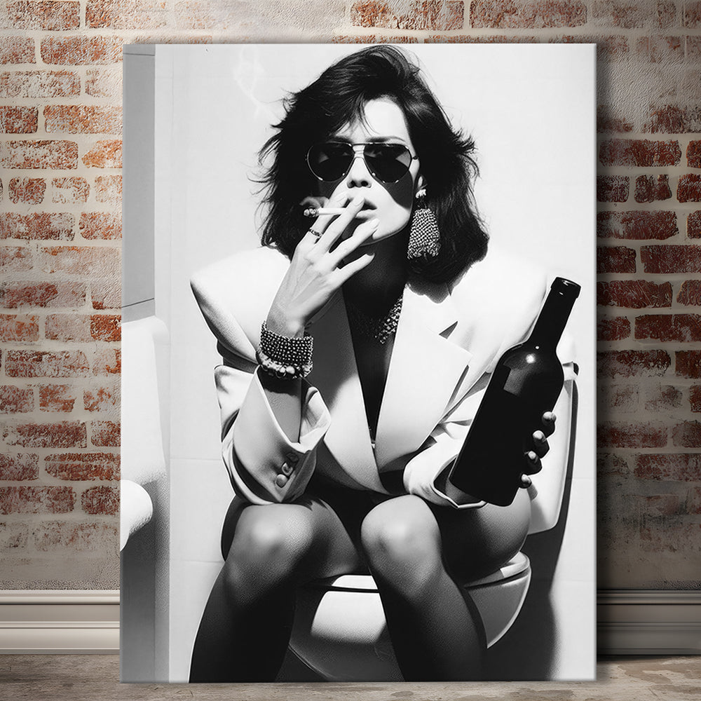Woman On Toilet Smoking and Drinking Beer Canvas Print Wall Art, Black and White, Funny Bathroom Art