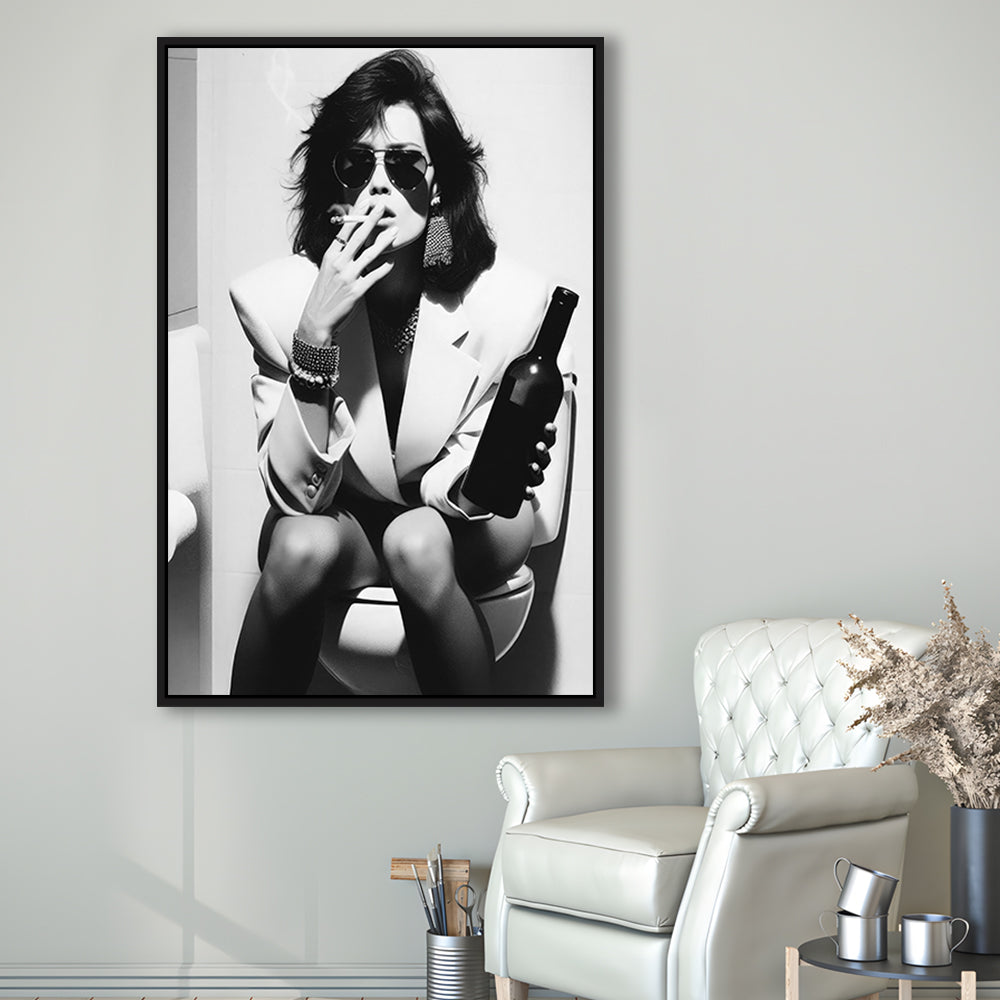 Woman On Toilet Smoking and Drinking Beer Framed Canvas Print Wall Art, Black and White, Funny Bathroom Art