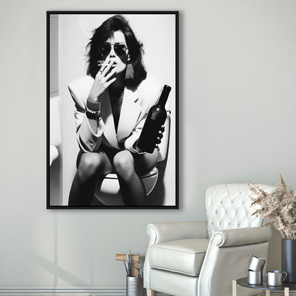 Woman On Toilet Smoking and Drinking Beer Framed Canvas Print Wall Art, Black and White, Funny Bathroom Art