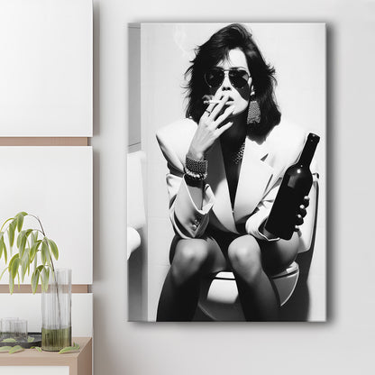 Woman On Toilet Smoking and Drinking Beer Canvas Print Wall Art, Black and White, Funny Bathroom Art