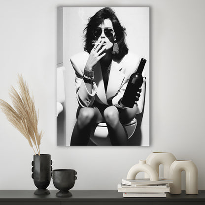 Woman On Toilet Smoking and Drinking Beer Canvas Print Wall Art, Black and White, Funny Bathroom Art