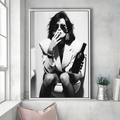 Woman On Toilet Smoking and Drinking Beer Framed Canvas Print Wall Art, Black and White, Funny Bathroom Art