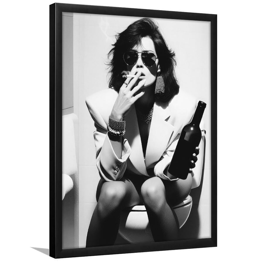 Woman On Toilet Smoking and Drinking Beer Framed Art Print Wall Decor, Black and White, Funny Bathroom Art