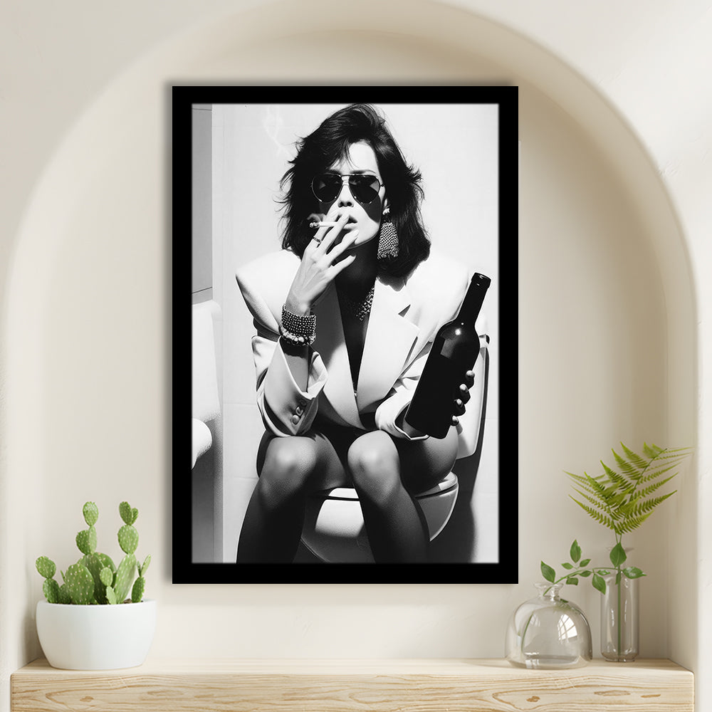 Woman On Toilet Smoking and Drinking Beer Framed Art Print Wall Decor, Black and White, Funny Bathroom Art