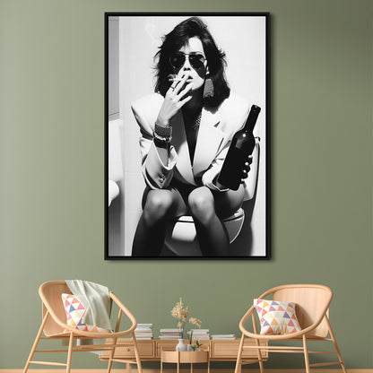 Woman On Toilet Smoking and Drinking Beer Framed Canvas Print Wall Art, Black and White, Funny Bathroom Art