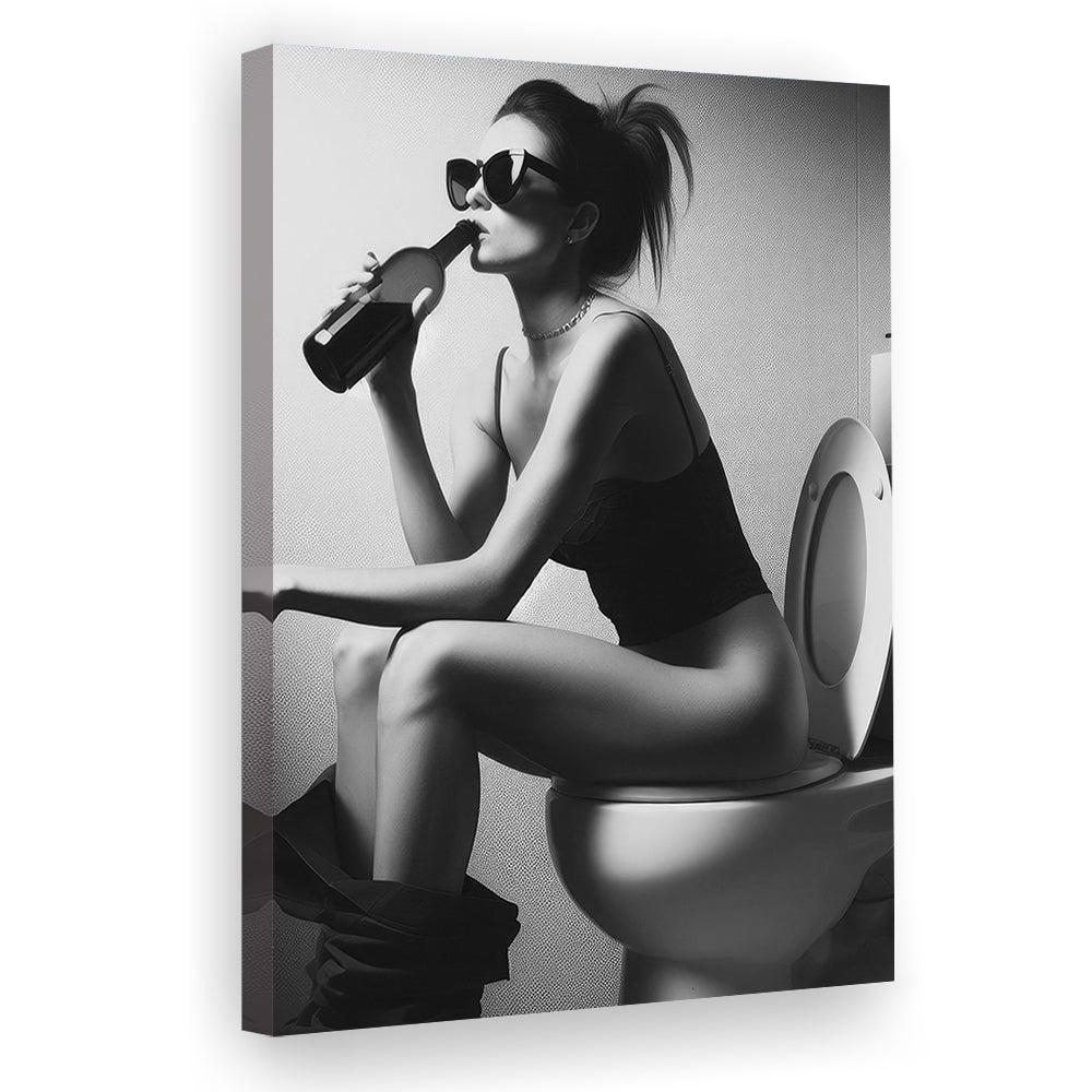 Woman Sitting On Toilet Canvas Print Wall Art, Girl On Toilet Drinking Wine Black and White Funny Bathroom Art