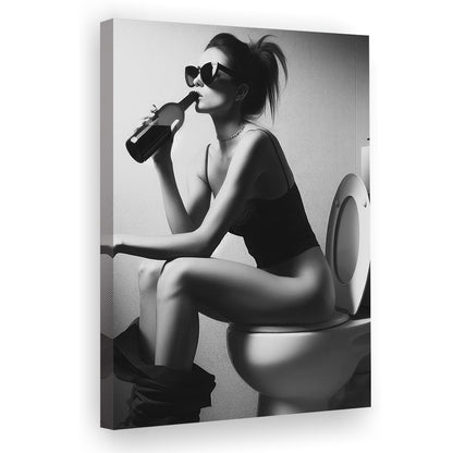 Woman Sitting On Toilet Canvas Print Wall Art, Girl On Toilet Drinking Wine Black and White Funny Bathroom Art