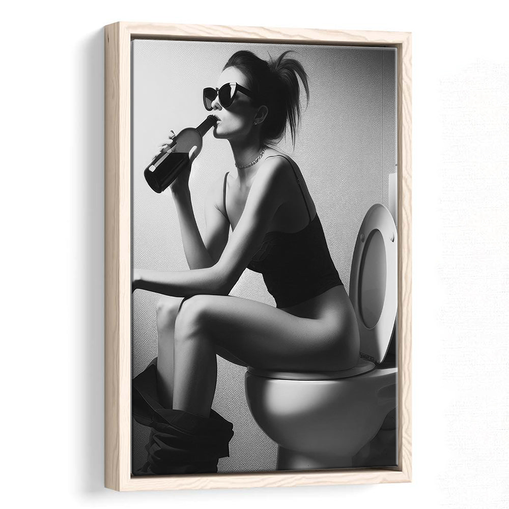 Woman Sitting On Toilet Framed Canvas Print Wall Art, Girl On Toilet Drinking Wine Black and White Funny Bathroom Art