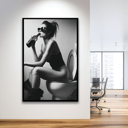 Woman Sitting On Toilet Framed Art Print Wall Decor, Girl On Toilet Drinking Wine Black and White Funny Bathroom Art