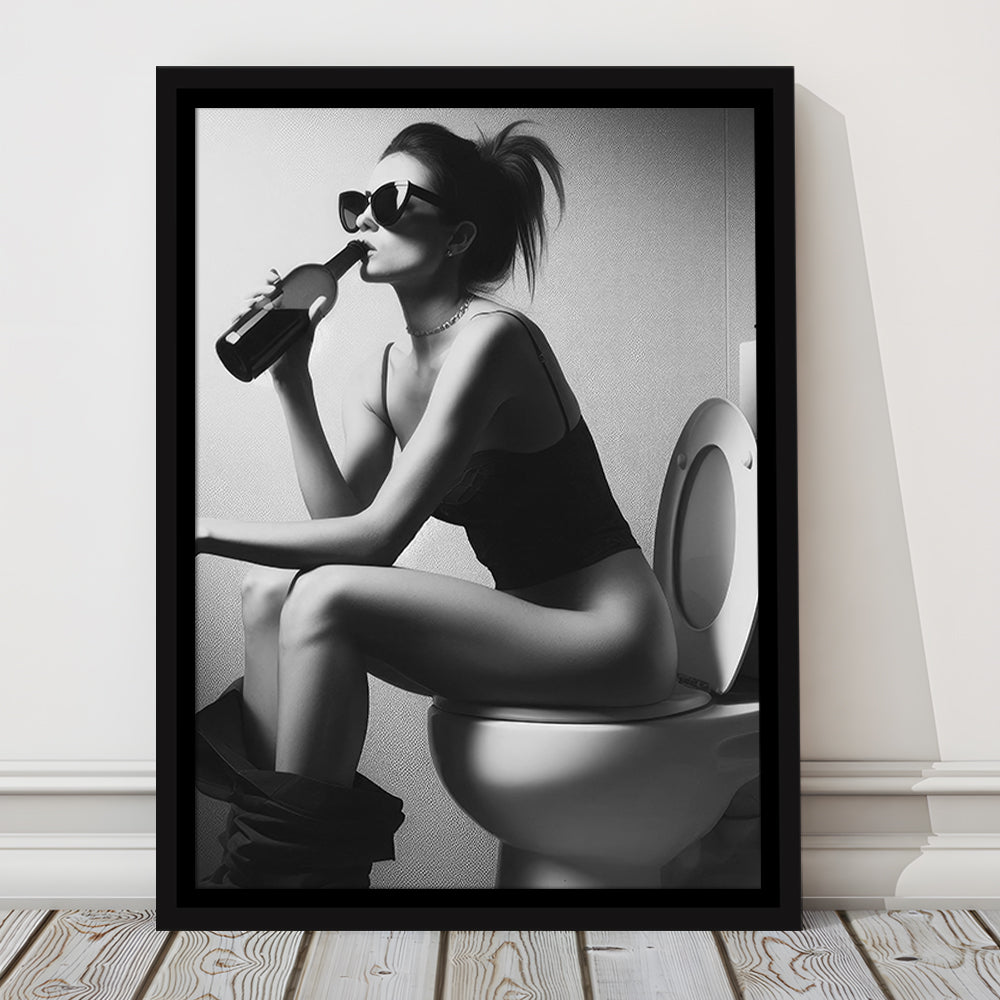Woman Sitting On Toilet Framed Canvas Print Wall Art, Girl On Toilet Drinking Wine Black and White Funny Bathroom Art