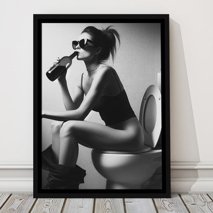 Woman Sitting On Toilet Framed Canvas Print Wall Art, Girl On Toilet Drinking Wine Black and White Funny Bathroom Art