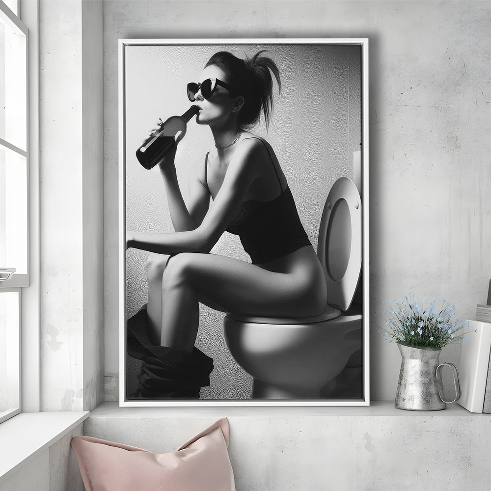 Woman Sitting On Toilet Framed Canvas Print Wall Art, Girl On Toilet Drinking Wine Black and White Funny Bathroom Art