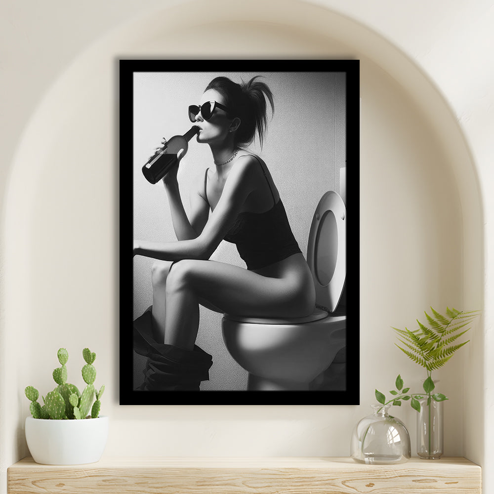Woman Sitting On Toilet Framed Art Print Wall Decor, Girl On Toilet Drinking Wine Black and White Funny Bathroom Art