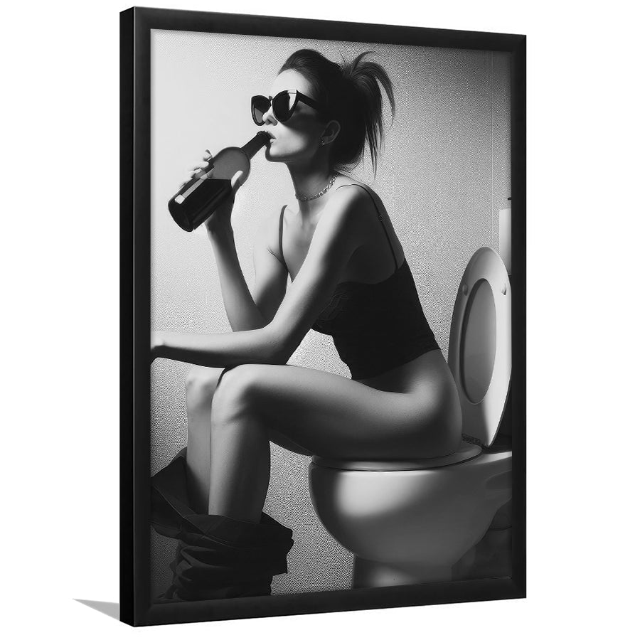 Woman Sitting On Toilet Framed Art Print Wall Decor, Girl On Toilet Drinking Wine Black and White Funny Bathroom Art