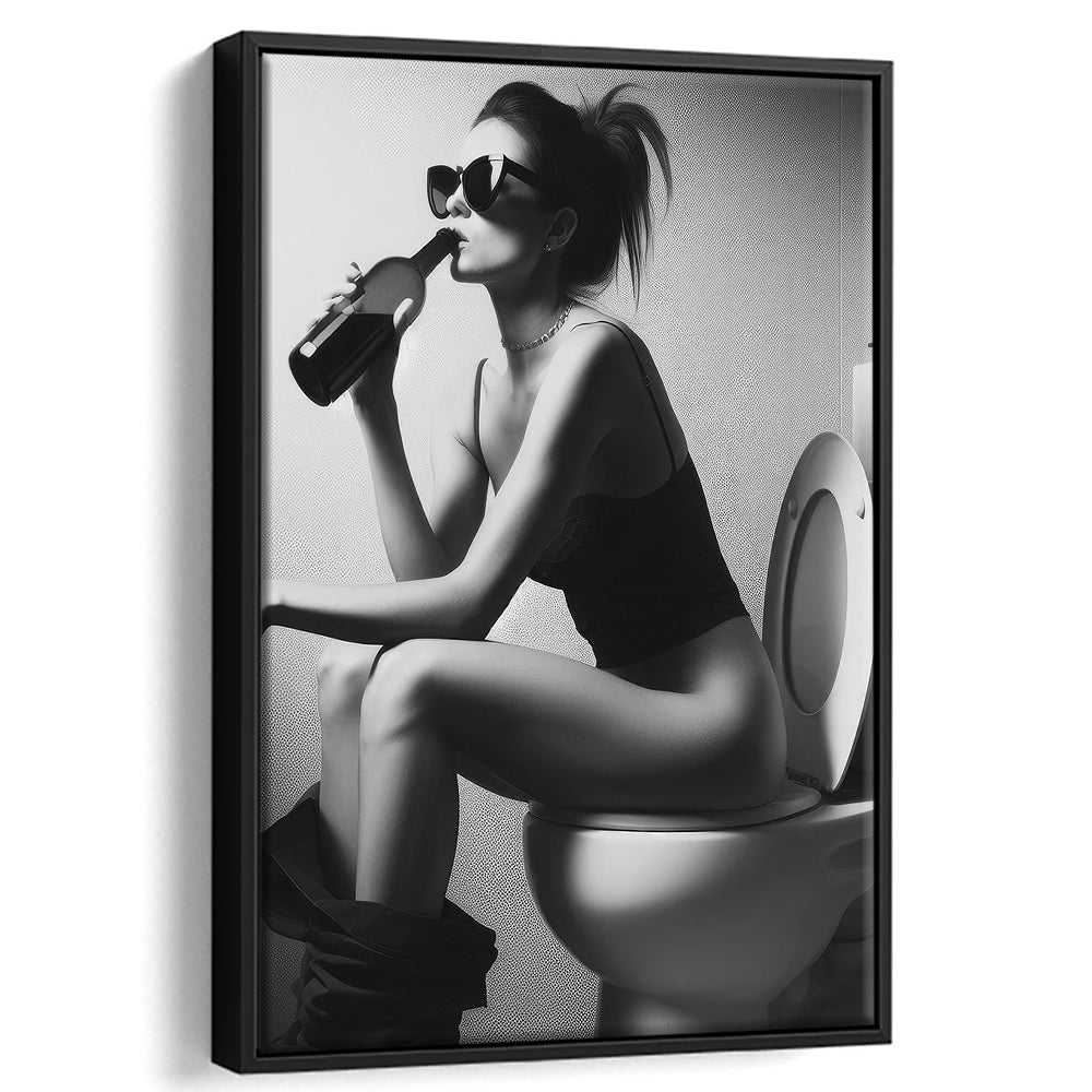 Woman Sitting On Toilet Framed Canvas Print Wall Art, Girl On Toilet Drinking Wine Black and White Funny Bathroom Art